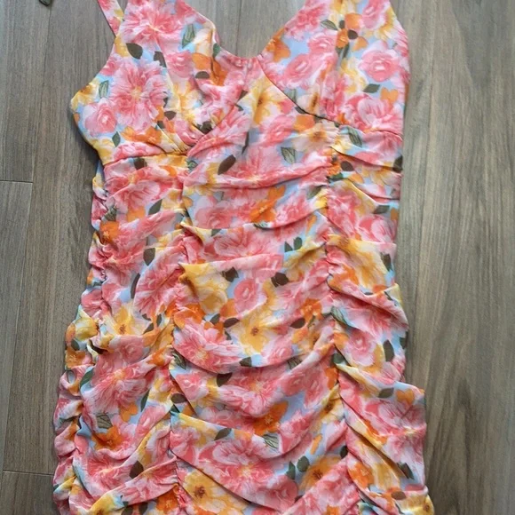 Lily Rose tie straps floral print rouched dress w ruffle S XL jrs - Picture 6 of 17